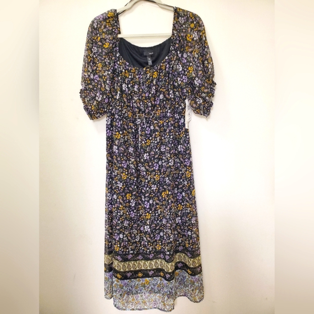 NWT Aqua Puffsleeve Boho Floral & Paisley Peasant Mid Length Multi Color Sz L - Picture 4 of 17